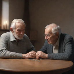 3D animated scene of an elderly man sitting with his nephew at a table, where a single precious stone captures their attention.