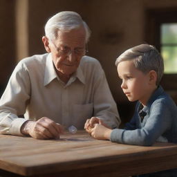 3D animated scene of an elderly man sitting with his nephew at a table, where a single precious stone captures their attention.