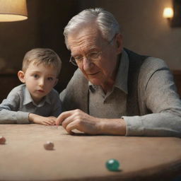 3D animated scene of an elderly man sitting with his nephew at a table, where a single precious stone captures their attention.