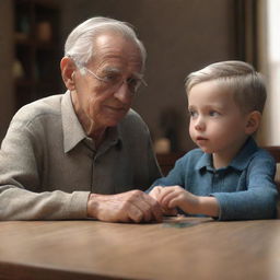 3D animated scene of an elderly man sitting with his nephew at a table, where a single precious stone captures their attention.