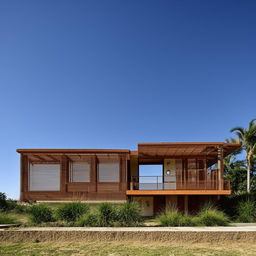 A finely constructed house with distinct architectural features, sitting peacefully under a clear blue sky