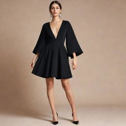 A designer party dress in black, short in length with a wide skirt, deep V-neckline and wide sleeves.