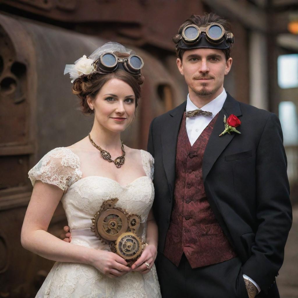 A steampunk-themed wedding day with the bride and groom in Victorian-style clothing enhanced with gears, brass, and goggles, held in an industrial decorated location featuring vintage steam-powered contraptions, cogwheel decorations, and guests in complimentary attire.