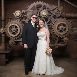 A steampunk-themed wedding day with the bride and groom in Victorian-style clothing enhanced with gears, brass, and goggles, held in an industrial decorated location featuring vintage steam-powered contraptions, cogwheel decorations, and guests in complimentary attire.