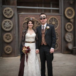 A steampunk-themed wedding day with the bride and groom in Victorian-style clothing enhanced with gears, brass, and goggles, held in an industrial decorated location featuring vintage steam-powered contraptions, cogwheel decorations, and guests in complimentary attire.