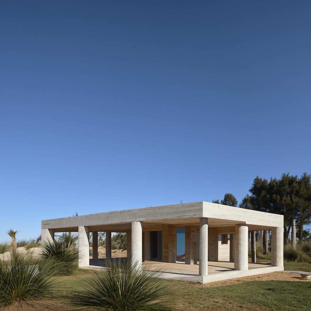 A finely constructed house with distinct architectural features, sitting peacefully under a clear blue sky