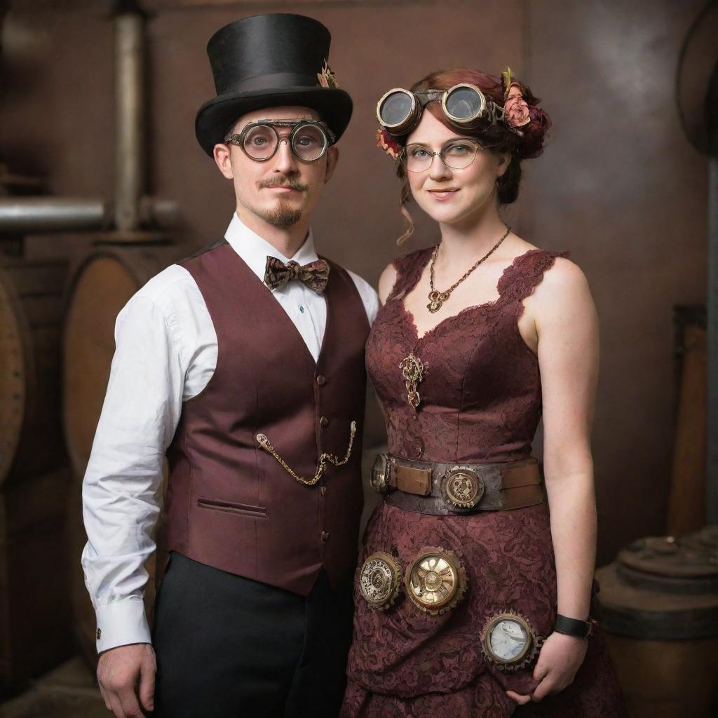 A steampunk-themed wedding day with the bride and groom in Victorian-style clothing enhanced with gears, brass, and goggles, held in an industrial decorated location featuring vintage steam-powered contraptions, cogwheel decorations, and guests in complimentary attire.