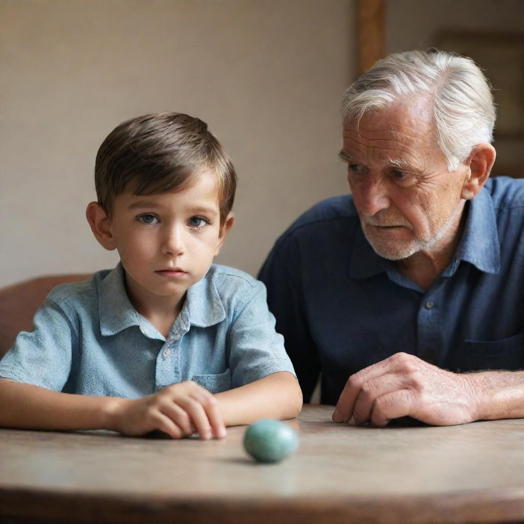 3D animated image of an aged man seated with his nephew, their focus on a precious stone remarkably placed on the tabletop.