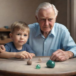 3D animated image of an aged man seated with his nephew, their focus on a precious stone remarkably placed on the tabletop.