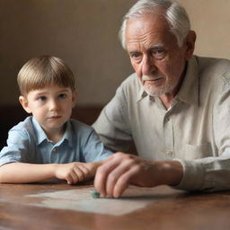 3D animated image of an aged man seated with his nephew, their focus on a precious stone remarkably placed on the tabletop.