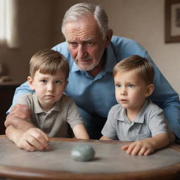 3D animated image of an aged man seated with his nephew, their focus on a precious stone remarkably placed on the tabletop.