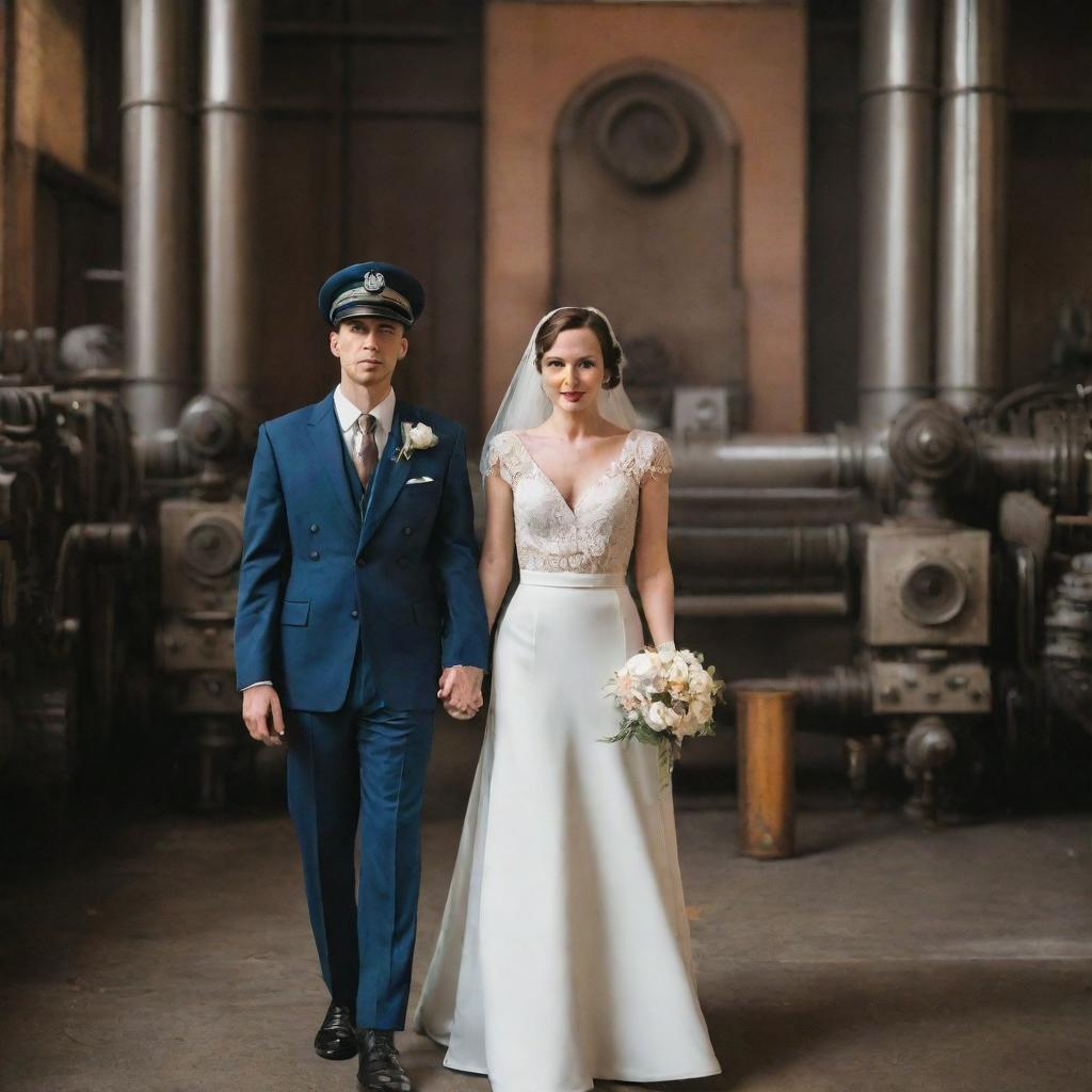 A dieselpunk-themed wedding day, with the couple clad in retro-futuristic ensembles. An industrial decor consisting of diesel-run machinery, 1940s ambiance, guests in period attire, all set against a backdrop of art-deco architecture.