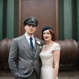 A dieselpunk-themed wedding day, with the couple clad in retro-futuristic ensembles. An industrial decor consisting of diesel-run machinery, 1940s ambiance, guests in period attire, all set against a backdrop of art-deco architecture.