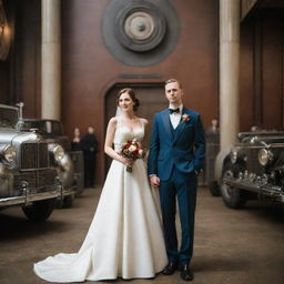 A dieselpunk-themed wedding day, with the couple clad in retro-futuristic ensembles. An industrial decor consisting of diesel-run machinery, 1940s ambiance, guests in period attire, all set against a backdrop of art-deco architecture.