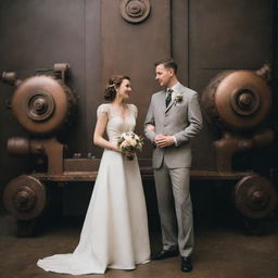 A dieselpunk-themed wedding day, with the couple clad in retro-futuristic ensembles. An industrial decor consisting of diesel-run machinery, 1940s ambiance, guests in period attire, all set against a backdrop of art-deco architecture.