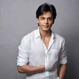 A contemporary styled portrait of a 23-year-old boy with Shahrukh Khan, exuding charm and camaraderie.