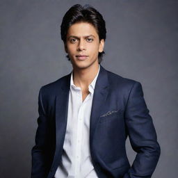 A contemporary styled portrait of a 23-year-old boy with Shahrukh Khan, exuding charm and camaraderie.