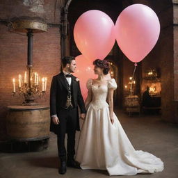 Imagine a gaspunk wedding with the couple dressed in early 19th-century attire. The event set in a gas-lit environment, balloon-laden decor, guests in period clothing, and a backdrop of expansive gasworks architecture.