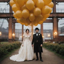 Imagine a gaspunk wedding with the couple dressed in early 19th-century attire. The event set in a gas-lit environment, balloon-laden decor, guests in period clothing, and a backdrop of expansive gasworks architecture.