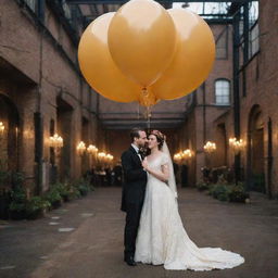 Imagine a gaspunk wedding with the couple dressed in early 19th-century attire. The event set in a gas-lit environment, balloon-laden decor, guests in period clothing, and a backdrop of expansive gasworks architecture.