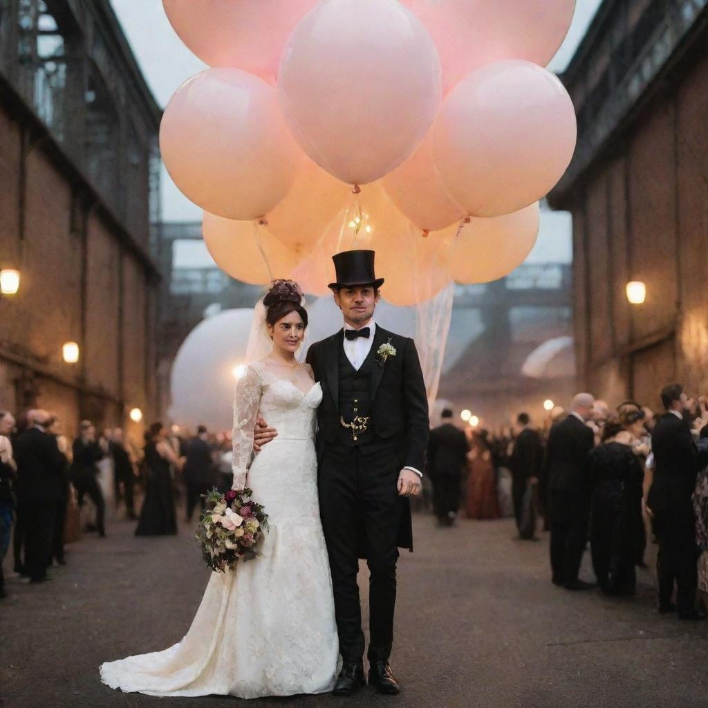 Imagine a gaspunk wedding with the couple dressed in early 19th-century attire. The event set in a gas-lit environment, balloon-laden decor, guests in period clothing, and a backdrop of expansive gasworks architecture.