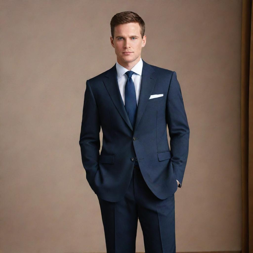 A professional individual dressed in a sharp, formal attire, positioned against a sophisticated backdrop