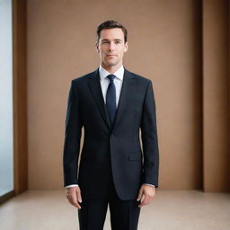 A professional individual dressed in a sharp, formal attire, positioned against a sophisticated backdrop