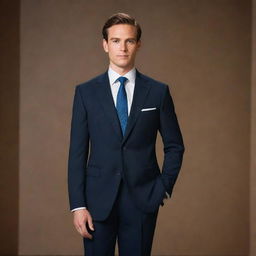 A professional individual dressed in a sharp, formal attire, positioned against a sophisticated backdrop