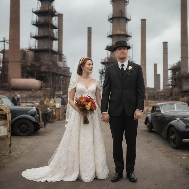 A oilpunk wedding ceremony, with the couple donning mid 20th-century dress, incorporating oil industry elements. The decor reflecting an industrial landscape with oil derricks, pipelines, and machinery, guests in worker's attire, amidst backdrop of an oil refinery.