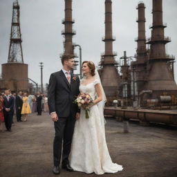 A oilpunk wedding ceremony, with the couple donning mid 20th-century dress, incorporating oil industry elements. The decor reflecting an industrial landscape with oil derricks, pipelines, and machinery, guests in worker's attire, amidst backdrop of an oil refinery.