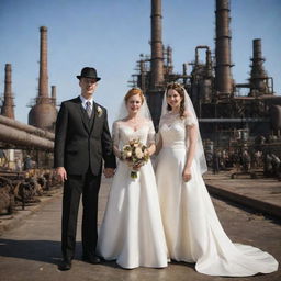 A oilpunk wedding ceremony, with the couple donning mid 20th-century dress, incorporating oil industry elements. The decor reflecting an industrial landscape with oil derricks, pipelines, and machinery, guests in worker's attire, amidst backdrop of an oil refinery.