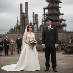 A oilpunk wedding ceremony, with the couple donning mid 20th-century dress, incorporating oil industry elements. The decor reflecting an industrial landscape with oil derricks, pipelines, and machinery, guests in worker's attire, amidst backdrop of an oil refinery.