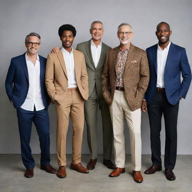 A diverse group of men, each showcasing their unique style and personality. Some are in casual attire, while others are in formal wear, displaying a variety of cultures and ages.