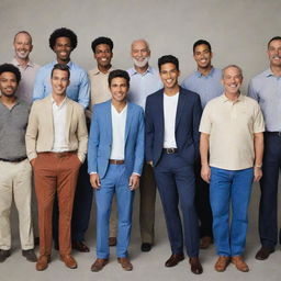 A diverse group of men, each showcasing their unique style and personality. Some are in casual attire, while others are in formal wear, displaying a variety of cultures and ages.