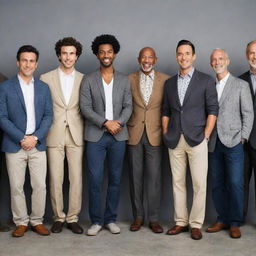 A diverse group of men, each showcasing their unique style and personality. Some are in casual attire, while others are in formal wear, displaying a variety of cultures and ages.