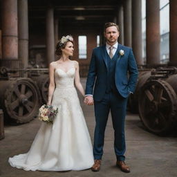 Depict a factorypunk wedding day, the couple attired in industrial-themed clothing. The wedding environment filled with cogwheel machinery elements, guests in worker-esque fashion, set against a backdrop of a steam-powered factory with smokestacks.