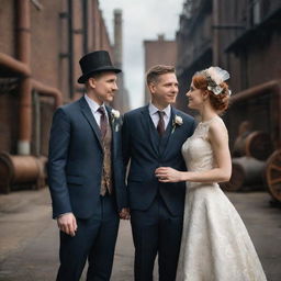 Depict a factorypunk wedding day, the couple attired in industrial-themed clothing. The wedding environment filled with cogwheel machinery elements, guests in worker-esque fashion, set against a backdrop of a steam-powered factory with smokestacks.