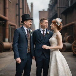 Depict a factorypunk wedding day, the couple attired in industrial-themed clothing. The wedding environment filled with cogwheel machinery elements, guests in worker-esque fashion, set against a backdrop of a steam-powered factory with smokestacks.