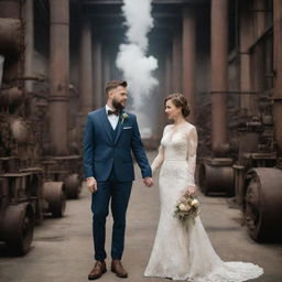 Depict a factorypunk wedding day, the couple attired in industrial-themed clothing. The wedding environment filled with cogwheel machinery elements, guests in worker-esque fashion, set against a backdrop of a steam-powered factory with smokestacks.