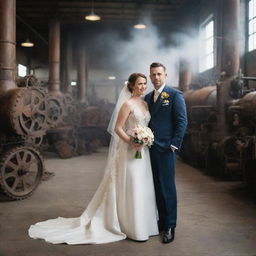 Depict a factorypunk wedding day, the couple attired in industrial-themed clothing. The wedding environment filled with cogwheel machinery elements, guests in worker-esque fashion, set against a backdrop of a steam-powered factory with smokestacks.