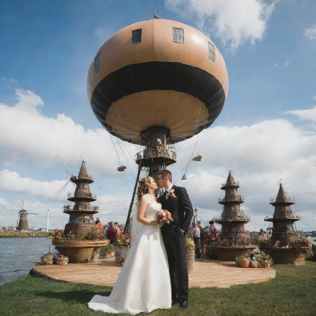 An airpunk wedding scene, with the couple in wind-themed attire, staged on a floating island. The venue adorned with wind-powered decorations, airborne ship accents, attendees with flight gear, amidst the backdrop of cloud-filled skies and towering windmills.