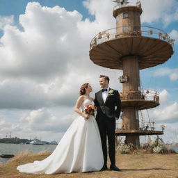 An airpunk wedding scene, with the couple in wind-themed attire, staged on a floating island. The venue adorned with wind-powered decorations, airborne ship accents, attendees with flight gear, amidst the backdrop of cloud-filled skies and towering windmills.