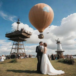 An airpunk wedding scene, with the couple in wind-themed attire, staged on a floating island. The venue adorned with wind-powered decorations, airborne ship accents, attendees with flight gear, amidst the backdrop of cloud-filled skies and towering windmills.