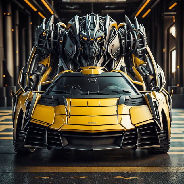 A Lamborghini transforms into a colossal robot, with the car's doors, hood, wheels, and rear morphing into various body parts