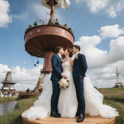 An airpunk wedding scene, with the couple in wind-themed attire, staged on a floating island. The venue adorned with wind-powered decorations, airborne ship accents, attendees with flight gear, amidst the backdrop of cloud-filled skies and towering windmills.