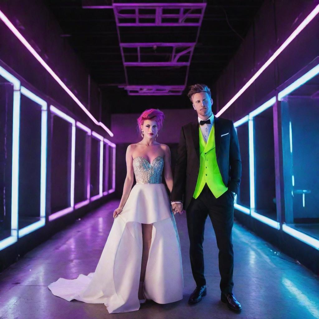 Portray an electropunk wedding day, the couple dressed in neon, futuristic attire. With a background setting of Tesla-coil-like decorations, guests in electro-futuristic clothing, and the venue filled with neon-lit architectural elements and buzzing electrical energy.