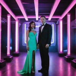 Portray an electropunk wedding day, the couple dressed in neon, futuristic attire. With a background setting of Tesla-coil-like decorations, guests in electro-futuristic clothing, and the venue filled with neon-lit architectural elements and buzzing electrical energy.