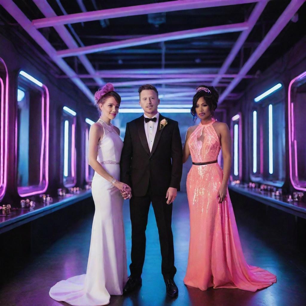 Portray an electropunk wedding day, the couple dressed in neon, futuristic attire. With a background setting of Tesla-coil-like decorations, guests in electro-futuristic clothing, and the venue filled with neon-lit architectural elements and buzzing electrical energy.