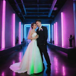 Portray an electropunk wedding day, the couple dressed in neon, futuristic attire. With a background setting of Tesla-coil-like decorations, guests in electro-futuristic clothing, and the venue filled with neon-lit architectural elements and buzzing electrical energy.