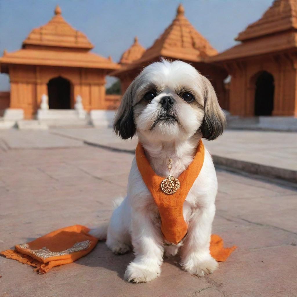 A Shih Tzu dog seeking blessings in the Ayodhya Ram Mandir, with intricate temple architecture and holy ambience in the background.